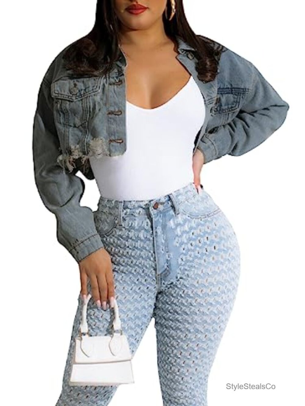 Women's Cropped Denim Jacket Long Sleeve Button Down Jean Coat